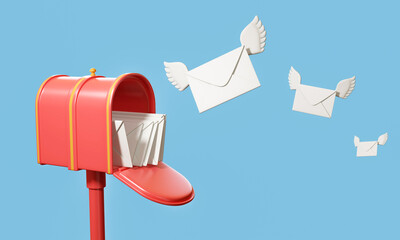 Red mailbox with flying envelope, mail delivery, and newsletter concept. 3d render illustration

