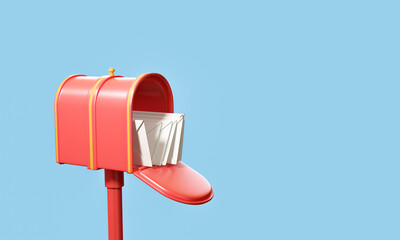 Red mailbox with flying envelope, mail delivery, and newsletter concept. 3d render illustration


