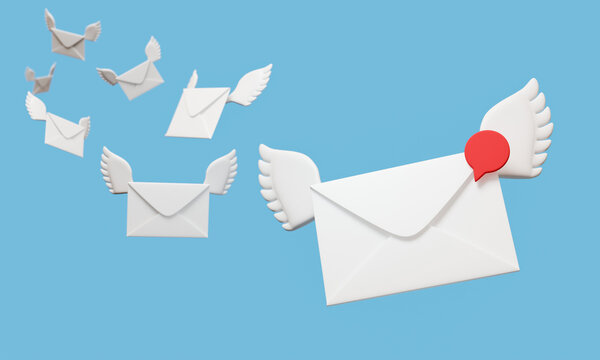 Flying envelope wings, incoming mail notify, newsletter and online email concept. 3d render illustration
