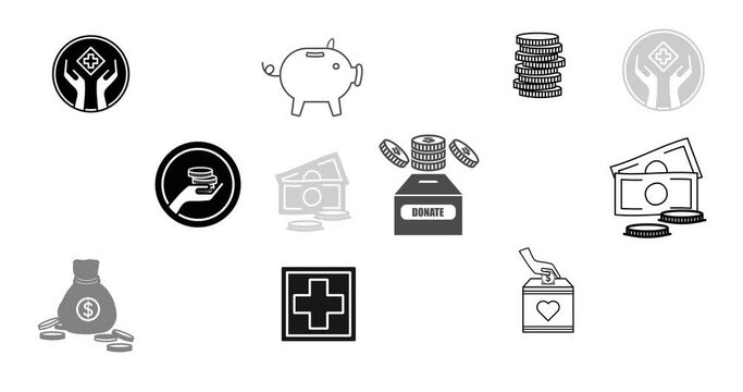 Animation of money and cancer ribbon icons over white background