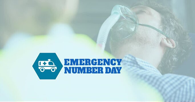 Animation of emergency number day over diverse paramedic with patient and ambulance