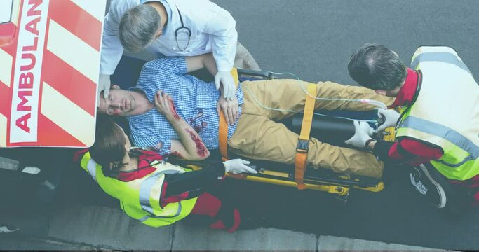 Animation of diverse paramedics with patient and ambulance