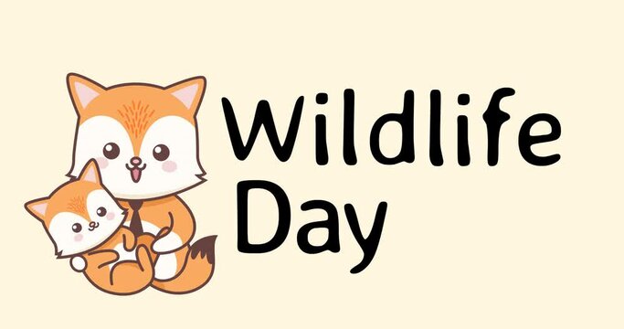 Animation of wildlife day text and fox icons on beige background