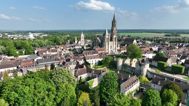 Aerial view of the medieval center of Senlis commune in the northern French department of Oise, Hautes de France. Former royal residence Gothic cathedral and other historical monuments.