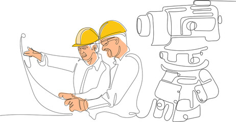 Close up of young Caucasian worker with helmet on head using tablet for work while standing in warehouse. Surveyor with a tripod icon. Geodesic tripod. Vector illustration