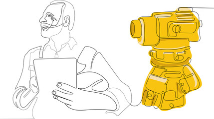 Close up of young Caucasian worker with helmet on head using tablet for work while standing in warehouse. Surveyor with a tripod icon. Geodesic tripod. Vector illustration