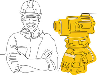 Close up of young Caucasian worker with helmet on head using tablet for work while standing in warehouse. Surveyor with a tripod icon. Geodesic tripod. Vector illustration