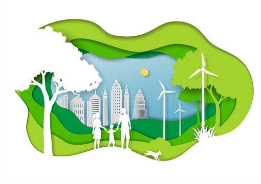 Green eco city with family love nature,paper art landscape in depth layer background