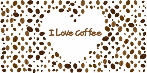 Coffee and Cafe decoration background. Coffee bean pattern and Heart symbol graphic. I love Coffee graphic design for banner, template and background. Vector illustration.