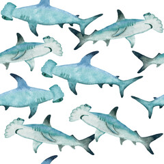 Hand drawn watercolor seamless pattern with hammerhead shark. Sea ocean marine animal, nautical underwater endangered mammal species. Blue gray illustration for fabric nursery decor, under the sea