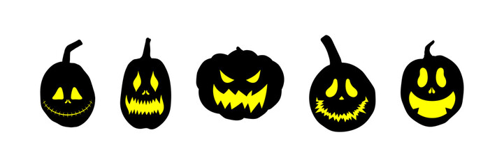 Set of Halloween pumpkins with scary glowing faces. Vector flat style illustration for design poster, banner, print