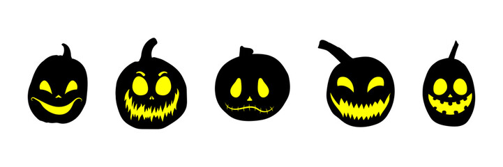 Set of Halloween pumpkins with scary glowing faces. Vector flat style illustration for design poster, banner, print