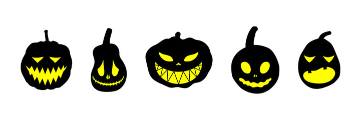 Set of Halloween pumpkins with scary glowing faces. Vector flat style illustration for design poster, banner, print