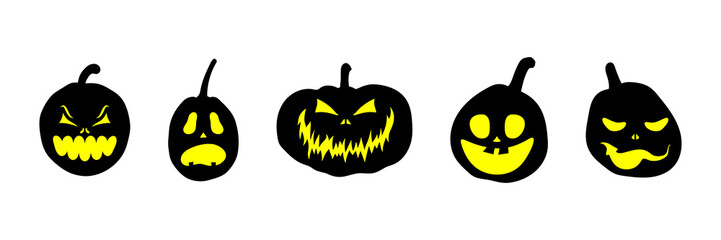 Set of Halloween pumpkins with scary glowing faces. Vector flat style illustration for design poster, banner, print