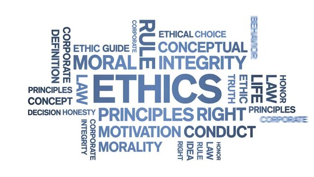 Ethics animated tag word cloud;text design animation kinetic typography seamless loop.