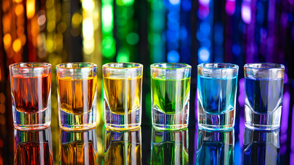 Rainbow drink. Glass shot of alcohol liquor. Bar counter. Rainbow colors. Colored vodka. LGBT Pride. Rainbow flag, symbol gays and lesbians LGBT, LGBTQ. Good for Party. Rainbow on black background.