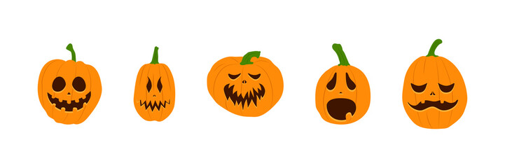 Set of Halloween pumpkins with scary smiling faces. Vector flat style illustration for design poster, banner, print