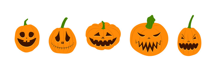 Set of Halloween pumpkins with scary smiling faces. Vector flat style illustration for design poster, banner, print
