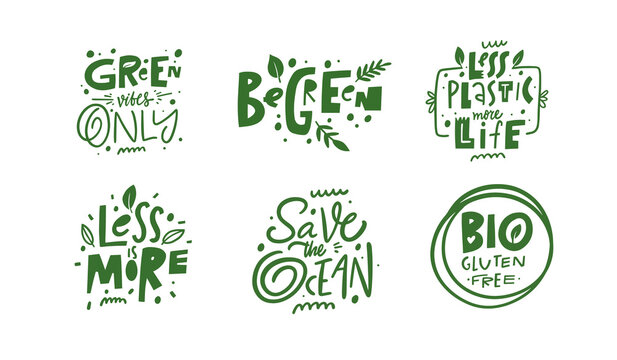 Ecology phrase set. Hand drawn modern typography or calligraphy lettering. Doodle style.