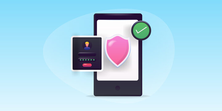 3d concept mobile software security , online data protection and secure user login with shield on smartphone screen.