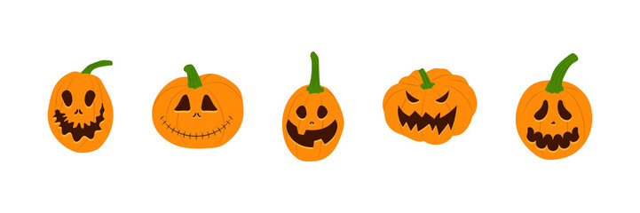 Set of Halloween pumpkins with scary smiling faces. Vector flat style illustration for design poster, banner, print