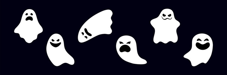 Obraz premium Set of ghosts with scary smiling faces for Halloween. Vector flat style illustration for design poster, banner, print