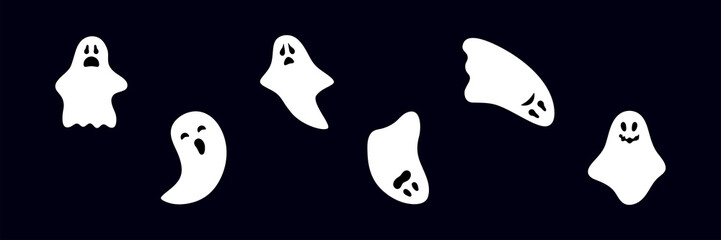 Set of ghosts with scary smiling faces for Halloween. Vector flat style illustration for design poster, banner, print