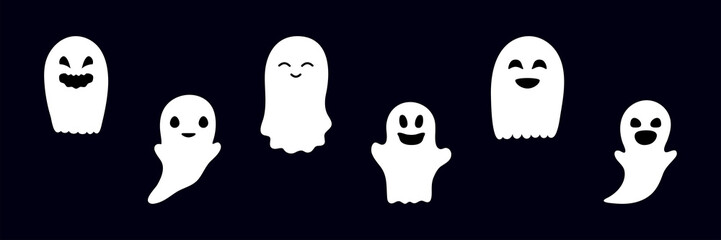 Set of ghosts with scary smiling faces for Halloween. Vector flat style illustration for design poster, banner, print