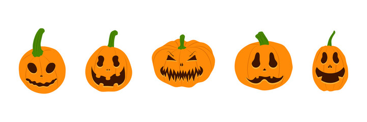 Set of Halloween pumpkins with scary smiling faces. Vector flat style illustration for design poster, banner, print