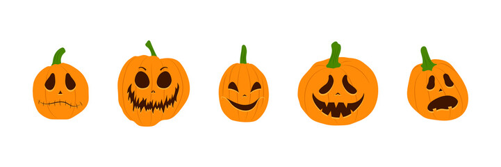 Set of Halloween pumpkins with scary smiling faces. Vector flat style illustration for design poster, banner, print