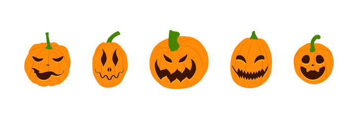 Set of Halloween pumpkins with scary smiling faces. Vector flat style illustration for design poster, banner, print