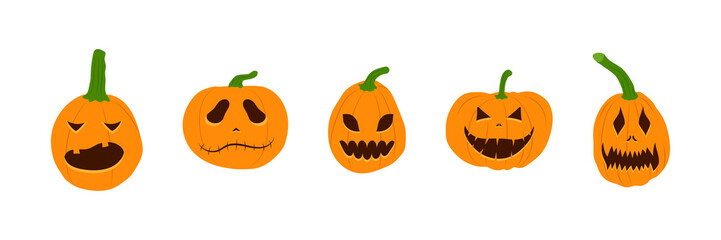 Set of Halloween pumpkins with scary smiling faces. Vector flat style illustration for design poster, banner, print