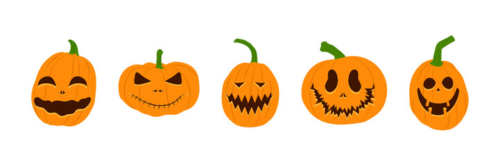 Set of Halloween pumpkins with scary smiling faces. Vector flat style illustration for design poster, banner, print