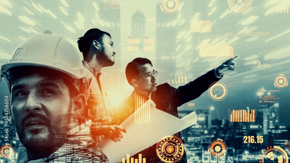 Poster future building construction and inventive engineering project concept with hud hologram graphic des