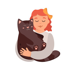 Smiling little girl hugging her cat. Child petting kitty, adorable domestic animal, cuddling pet moment with owner vector illustration