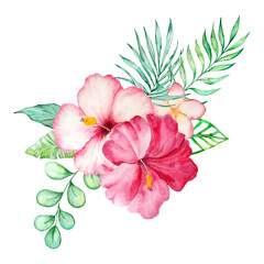 Fototapeta na wymiar Watercolor tropical bouquet of hibiscus leaves