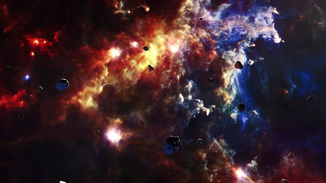 Galaxy space flight exploration with space rock scene at  Rosette Nebula . 4K animation of flying through glowing nebulae, clouds and stars field.