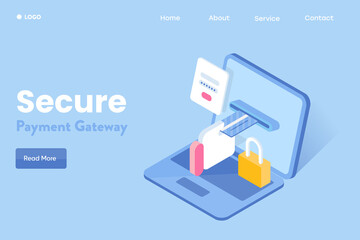 3d concept secure online payment transaction, credit card pay on laptop, online banking finance app technology, flat design web banner template.