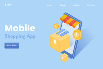 3d concept of mobile ecommerce, online shopping app on smartphone screen, package tracking, secure payment, flat design vector banner.