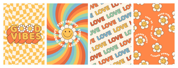 Groovy hippie 70s posters. Funny cartoon flower, rainbow, love, daisy etc. Vector cards in trendy retro psychedelic cartoon style. Vector backgrounds. Stay groovy. Good vibes. © Martyshova