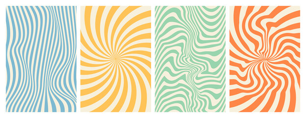 Groovy hippie 70s backgrounds. Waves, swirl, twirl pattern. Twisted and distorted vector texture in trendy retro psychedelic style. Y2k aesthetic.