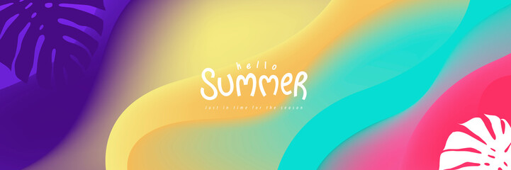 Summer poster banner background with abstract ripple and tropical leaf