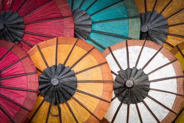Colorful umbrellas at the night market, Luang Prabang, Laos. Background Pattern.