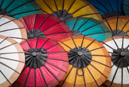 Colorful umbrellas at the night market, Luang Prabang, Laos. Background Pattern.