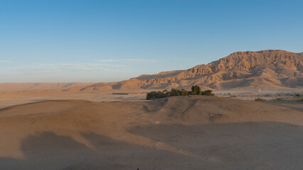 Desert landscape. Shadows on sand dunes. A small green oasis in the distance. A picturesque mountain range against a clear blue sky. Egypt. Luxor