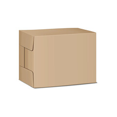 Kraft cardboard box isolated on white background vector mockup. Blank paper container realistic mock-up. Template for design