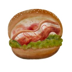 Bacon Hamburger is a watercolor cartoon character for decorative of products or places Use a hamburger theme to make a party more fun
