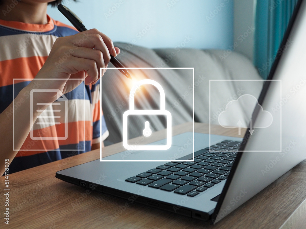 Poster use a laptop, digital security access to personal information authentication