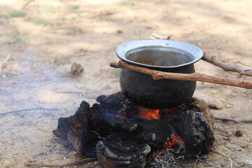 Cow dung pellets used Indian cuisine for cooking,indian village tea - obrazy, fototapety, plakaty