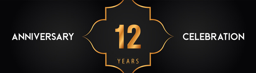 12 years anniversary logotype with Arabic style gold frames on black background. Premium design for celebration events, poster, banner, graduation, weddings, birthday party, and greetings card.